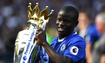 Ngolo Konte lifting 2016 EPL trophy for Chelsea