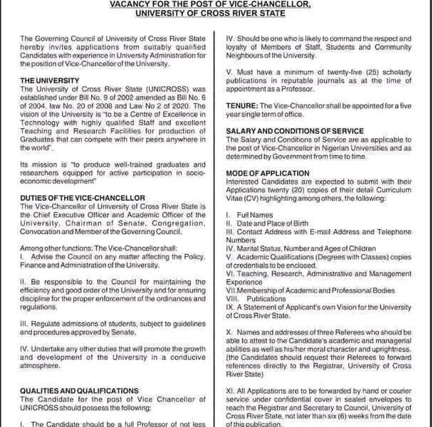 Unicross Search For A New Vice Chancellor Begins